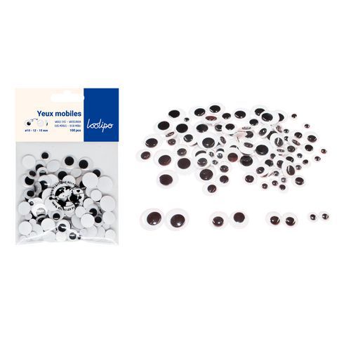 Sachet de 100 yeux mobiles adhésifs noirs, Ø 7, 10, 12, 15 mm