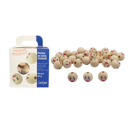 Sachet de 30 perles bois visage Ø 22 mm