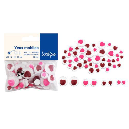 Sachet De 52 Yeux Mobiles Adhésifs Cœur Ø 1 À 2 Cm