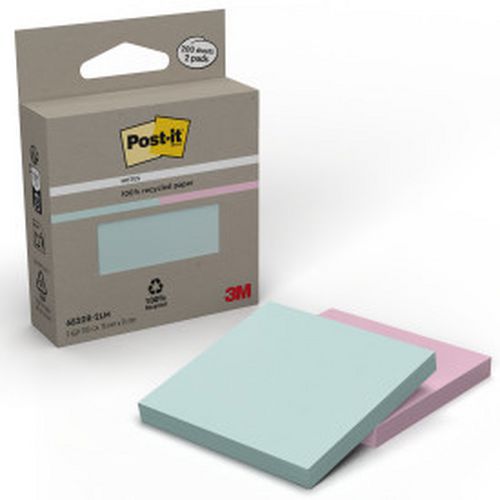 Lot 2 blocs 100 feuilles recyclées 76 x76 mm couleurs pastel - Post-it