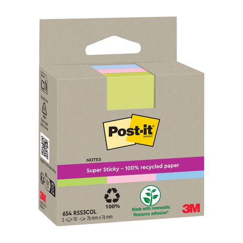 Lot 3 X70feuilles Recyclées Post-it Super Sticky 76x76mm Clr