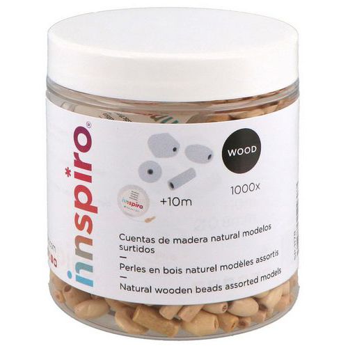 Boite 1000 perles bois verni formes assorties+10m fil 0,8mm - Innspiro