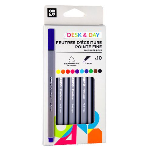 Etui 10 feutres d'écriture extra fine 0,4 mm assortis - Desk & Day