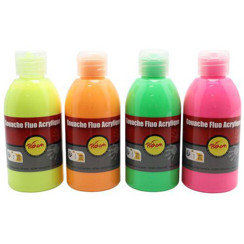 Assortiment de 4 flacons 250 ml gouache acrylique fluo - Pichon