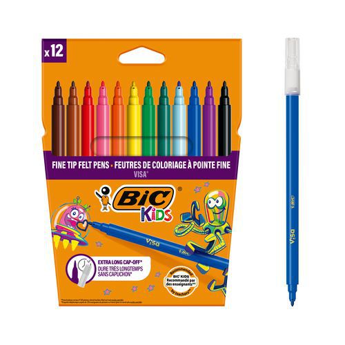 Etui 12 feutres couleurs assorties Visa pointe fine 880 - Bic
