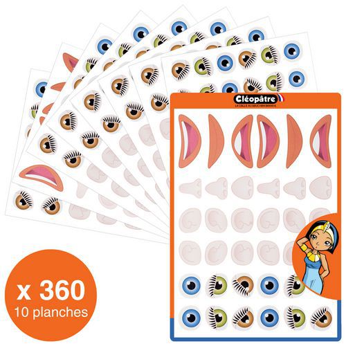 Lot 10 planches A5 360 gommettes visages repositionnables - Cléopâtre