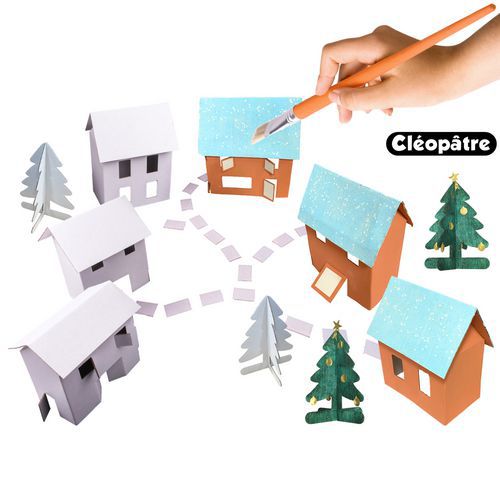 Village de noël en carton à décorer : 6 chalets + 4 sapins - Cléopâtre