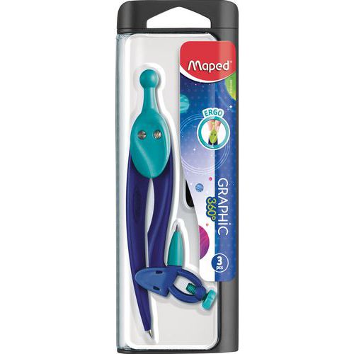 Coffret 3 pièces dont 1 compas plastique 360° interchangeable - Maped