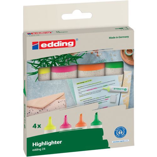 Boite de 4 surligneurs (orange, rose, vert, jaune) - Edding