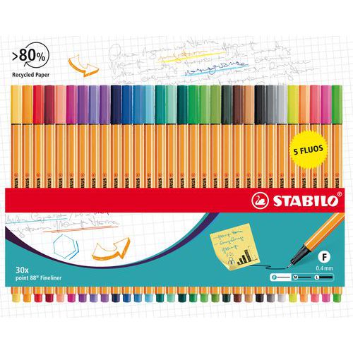 Etui De 30 Stylos-feutres Stabilo Point 88 - Dont 5 Fluo