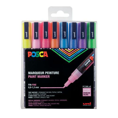 Set 8 markers pailletés pointe conique fine 1.5 mm - Posca