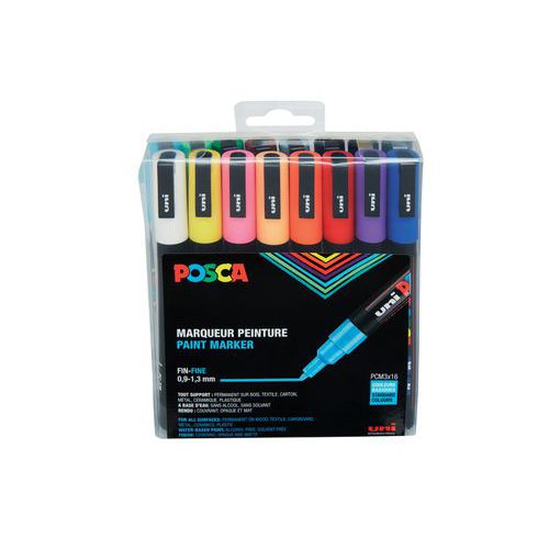 Set 16 markers pointe conique fine 1.3 mm couleurs assorties - Posca