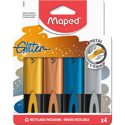 Boîte 4 surligneurs glitter métal couleurs assorties - Maped