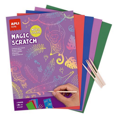 Pochette 8 cartes à gratter A4 multicolore 4 bâtonnets - Apli Kids