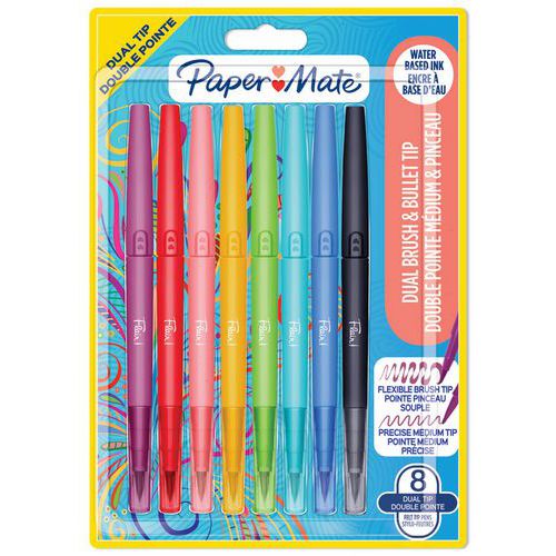 Pochette 8 feutres flair double pointe couleurs assorties - Papermate