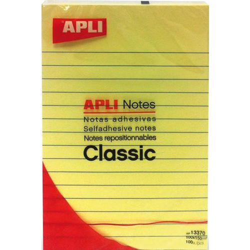 Bloc 100 feuilles notes repositionnable 100x150 mm jaune ligné - Apli