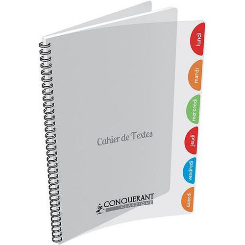 Cahier texte polypropylène hélicoïdal 17x22cm seyes 90g - Conquerant