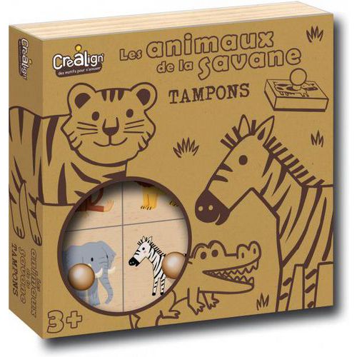 Lot 9 tampons bois 'les animaux de la savane' + 1 recharge tampon noir