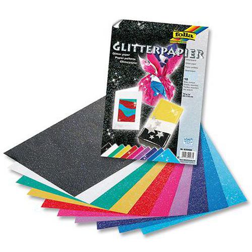 Pochette 10 feuilles papier pailleté 70g assorties 23X33 cm - Folia