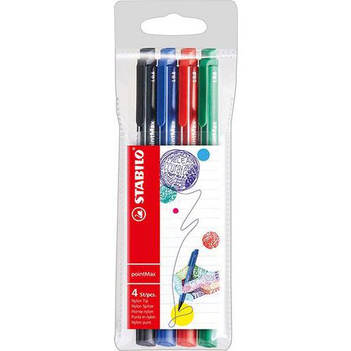 Pochette 4 feutres pointmax couleurs bleu noir rouge vert - Stabilo