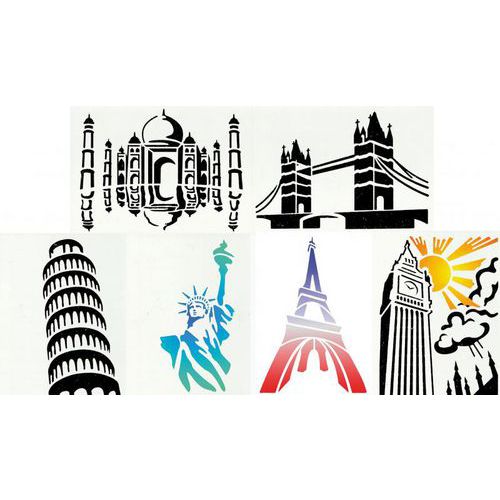 Ensemble de 6 pochoirs monuments en plastique lavable