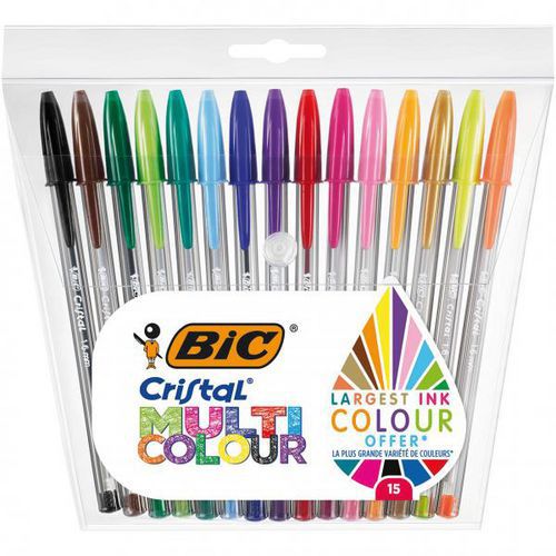 Pochette 15 stylos bille moyenne cristal multicouleur - Bic