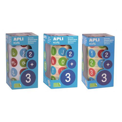 Etui 3 rouleaux gommettes chiffres minuscules majuscules - Apli Kids