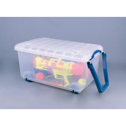 Bac de rangement 64 L incolore avec couvercle, poignées et roulettes