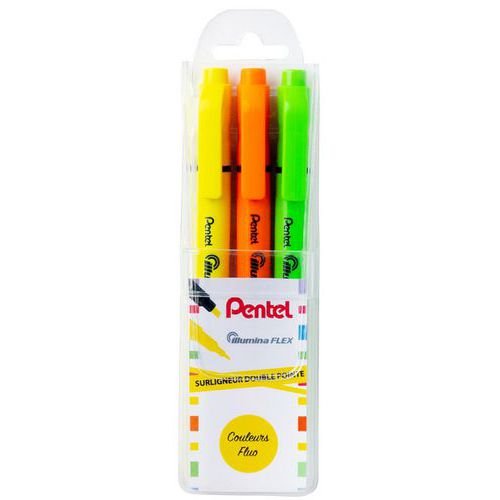 3 Surligneurs Bi-pointe Couleurs Fluos : Jaune Orange Vert