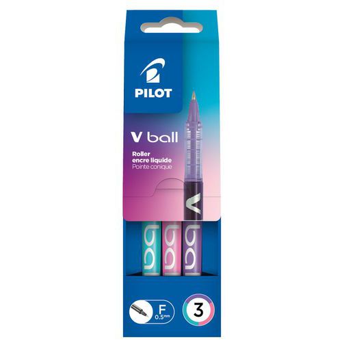 Pochette 3 rollers V ball 0,5 mm rose/turquoise/violet - Pilot