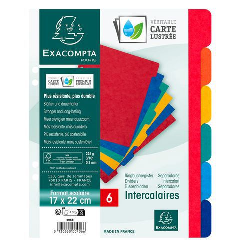 Jeu 6 Intercalaires Carte Lustrée 17x22cm Couleurs Assorties