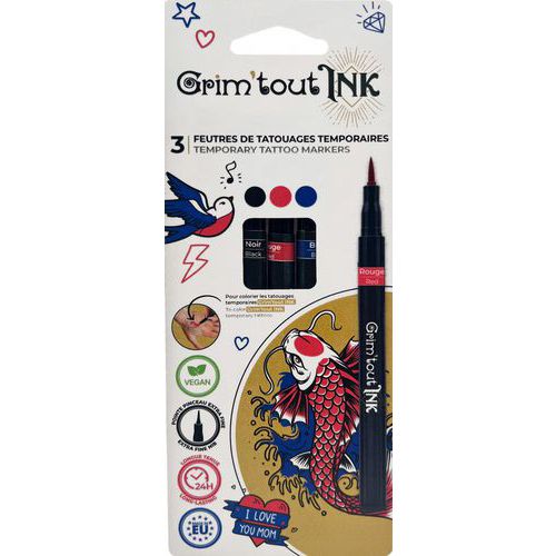 Set 3 stylos tatouage éphémère noir rouge bleu