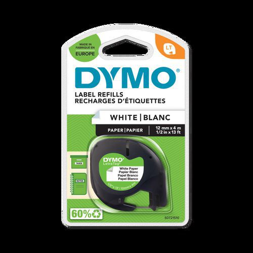 Ruban Papier Pr Étiquet Letratag 12mmx4m Noir Blc Dymo