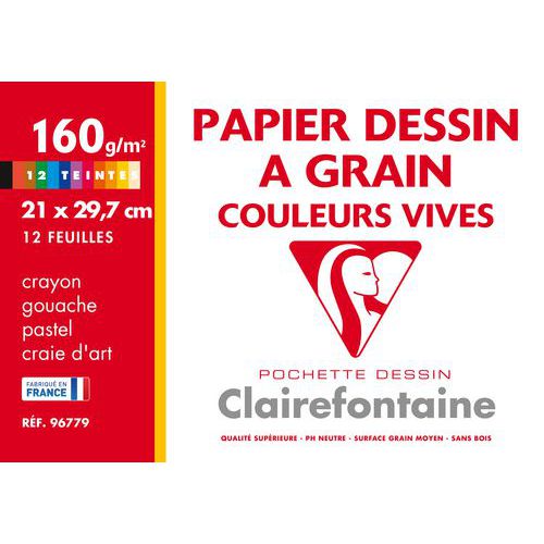 Pochette de 12 feuilles dessin à grain A4 160g - Clairefontaine