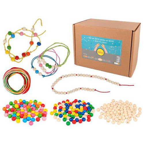 Lot De 3000 Perles Bois Ø10mm Assorties + 30 M Fils