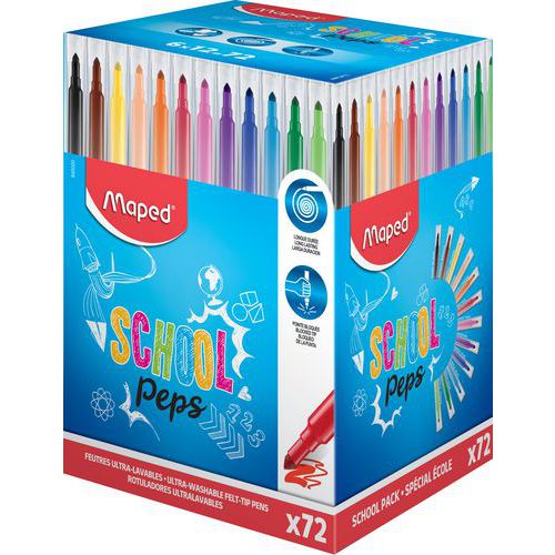 Pot 72 feutres pointe conique 3,6 mm 12 couleurs school peps - Maped