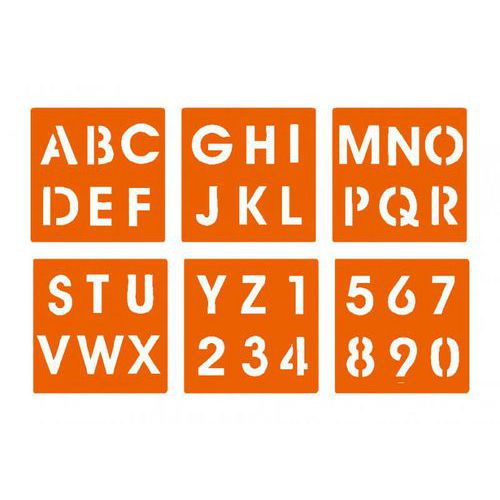Poch 6 pochoirs plast lav côté 14,5cm alphabet chiffres