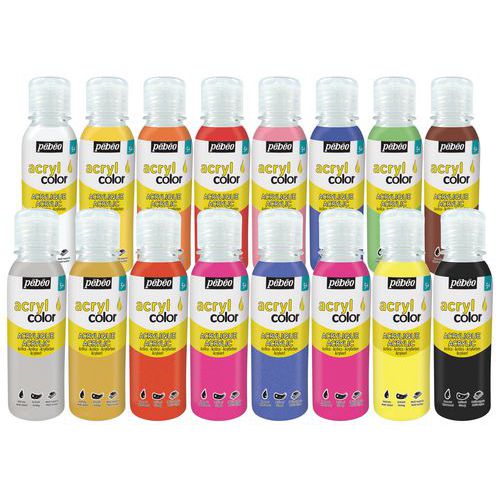 Assortiment 16 flacons 150 ml gouache acrylique Acryl'color - Pébéo