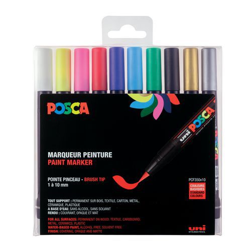 Set De 10 Marqueurs Posca Pointe Pinceau – Couleurs Basiques