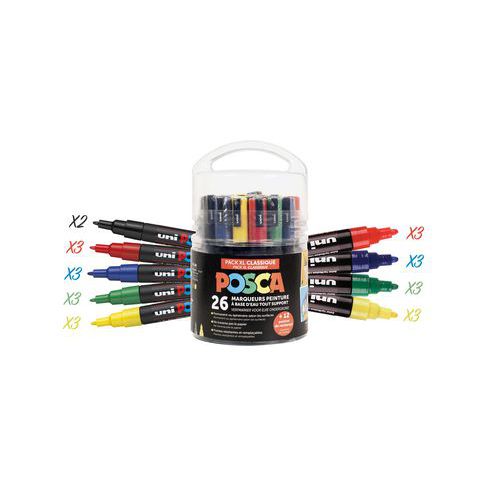 Seau 26 markers peinture couleurs classiques + masques - Posca
