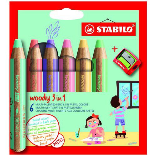 Lot de 6 Etui 6 crayons woody pastel + 1 taille-crayon - Stabilo