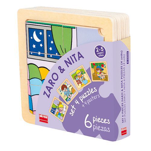 Lot 4 puzzles de 6 pièces en bois sur plateau plastique - Akros