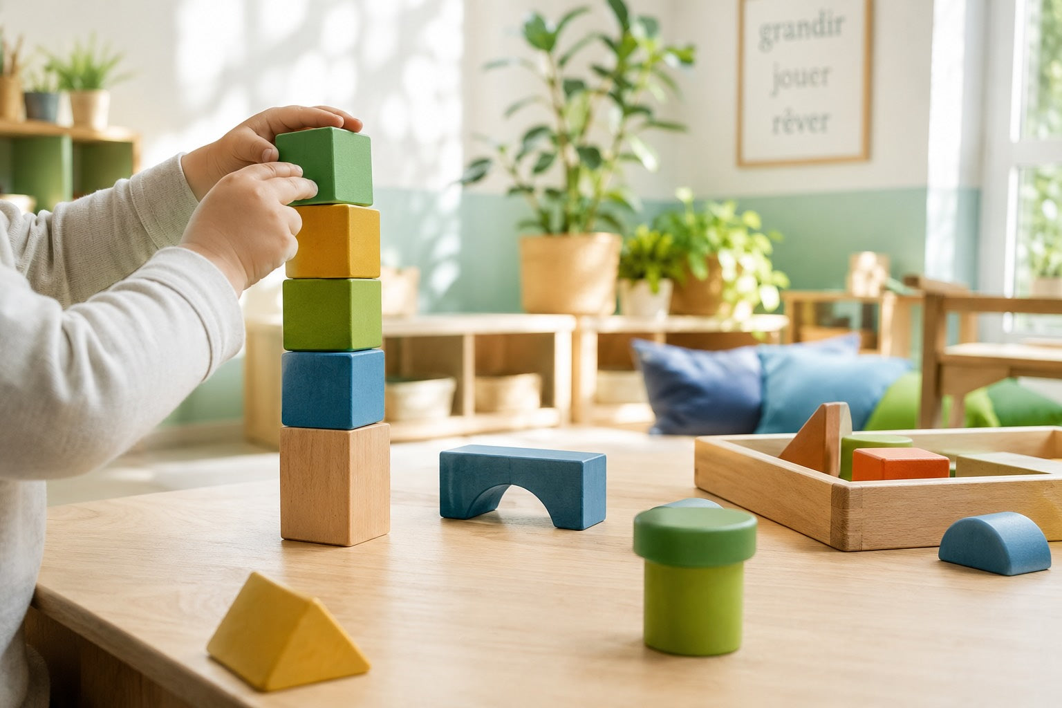 Mains d'enfant empilant des cubes en bois colorés dans une salle d'éveil